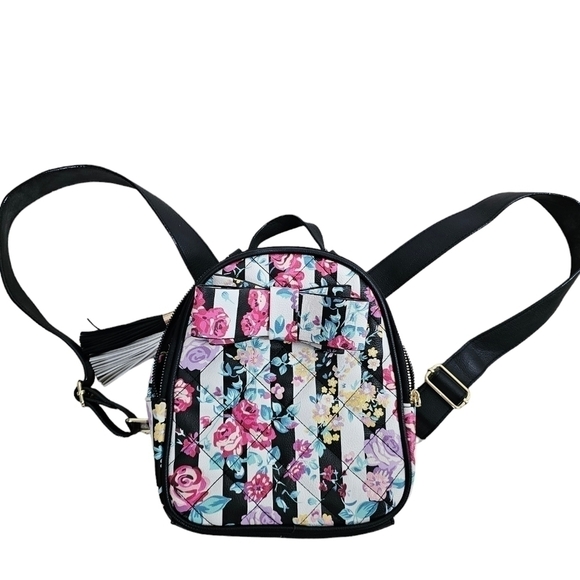 Betsey Johnson Quilted Striped Floral Coquette Mini Backpack - Picture 1 of 6